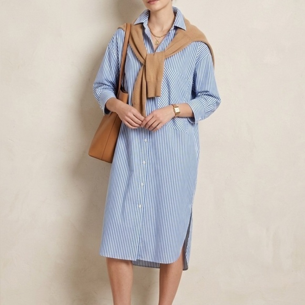ZARA Striped Oversized Poplin Shirt Dress Blue White
